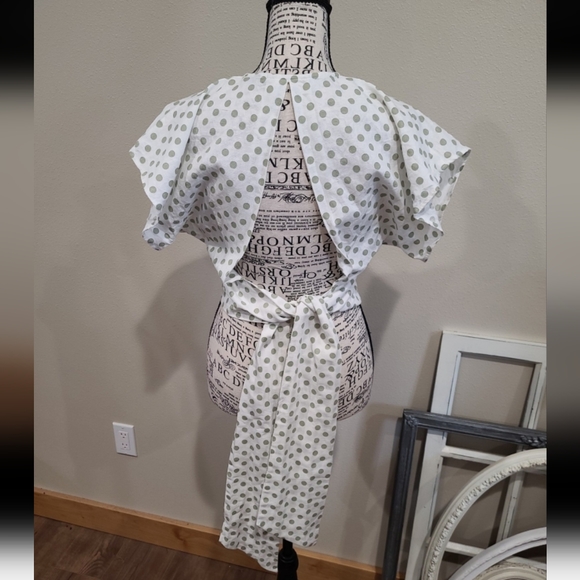 Zara Size Small Olive Green and Cream Polka Dot Linen Blend Crop Top - Picture 4 of 11